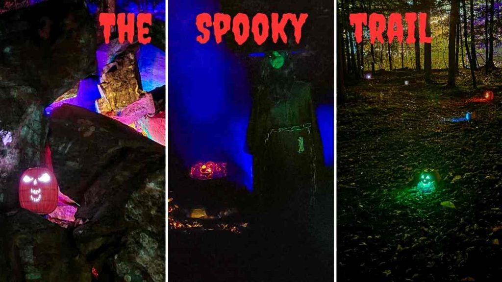 Spooky Trail at Artisanal Brew Works in Saratoga Springs with glowing Halloween displays in the woods
