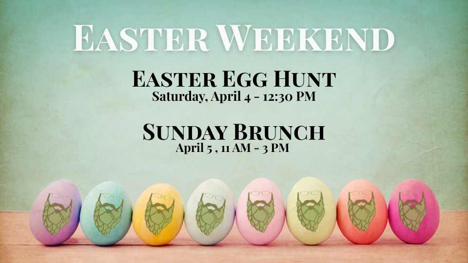 Easter egg hunt and Easter brunch event at Artisanal Brew Works in Saratoga Springs NY with candy eggs for kids and golden eggs for adults