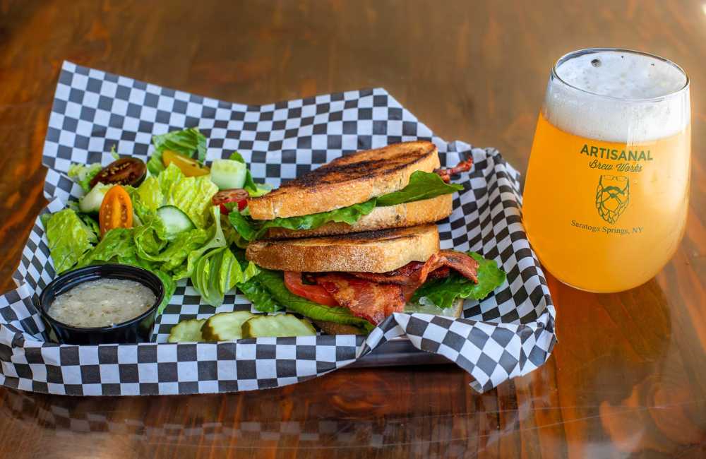 BLT sandwich with applewood smoked bacon, lettuce, and tomato on toasted bread at Nature’s Edge Bistro, a restaurant in Saratoga Springs