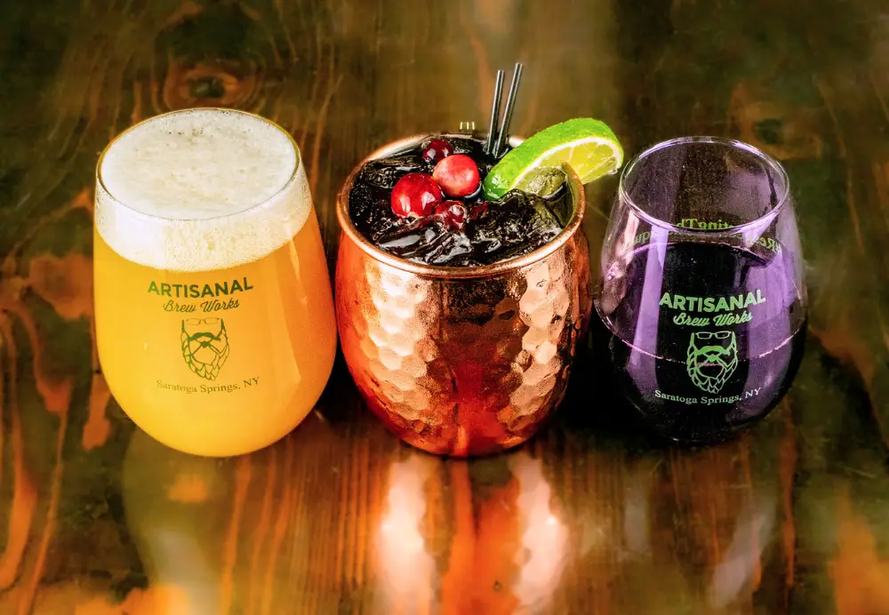 Craft beer, cocktail, and red wine selection at Artisanal Brew Works in Saratoga Springs NY