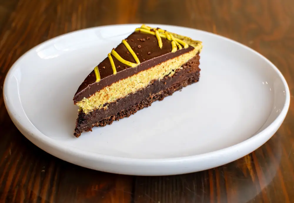Dubai chocolate torte with pistachio, chocolate ganache and crispy kataifi at Nature’s Edge Bistro restaurant in Saratoga Springs