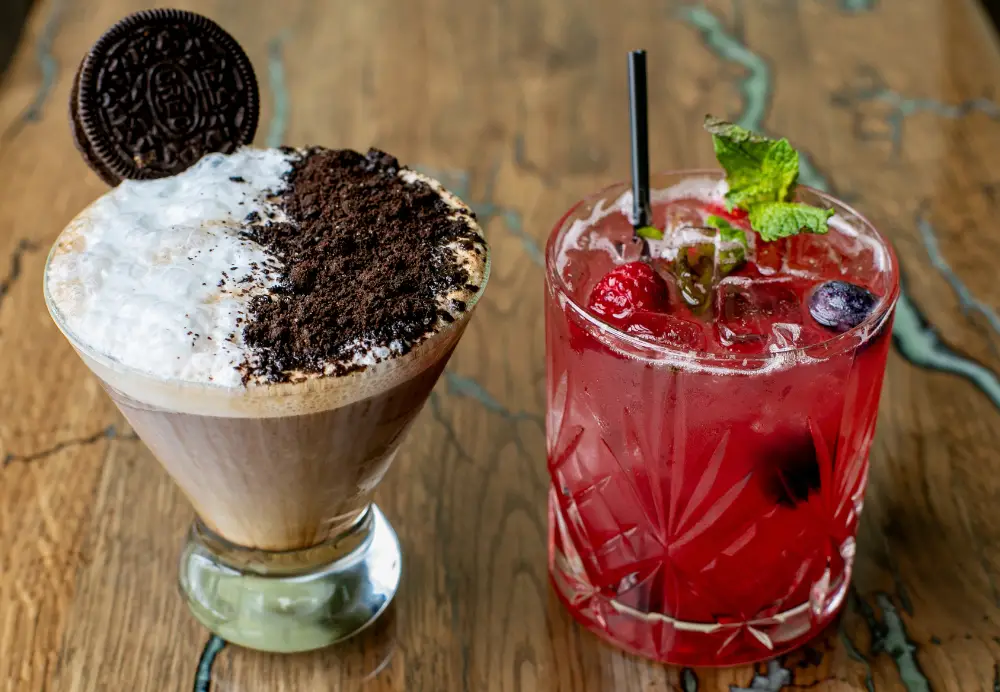 Non alcoholic mocktails including a mocha crunch espresso and berry mint fizz at Artisanal Brew Works Saratoga Springs