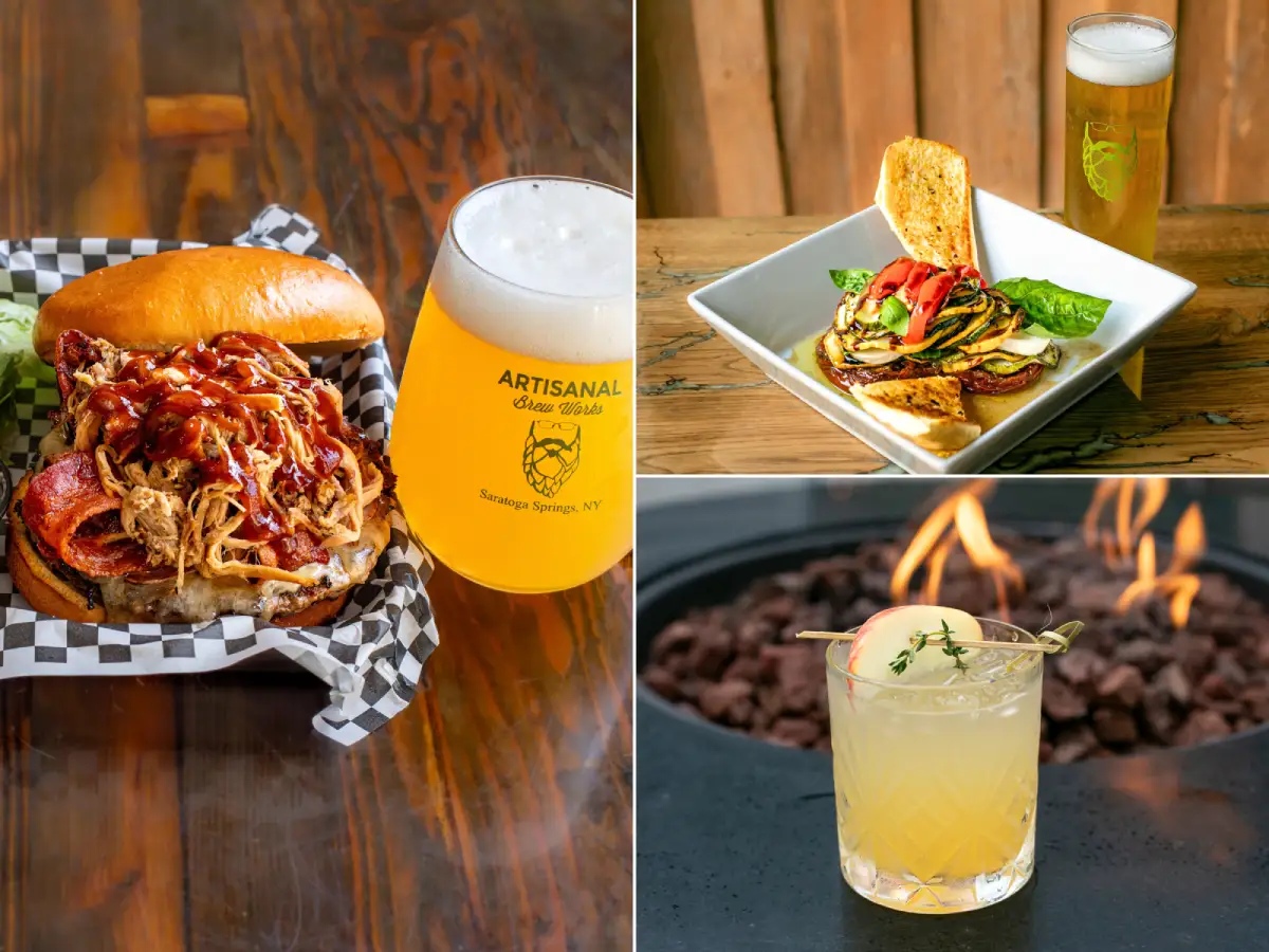 Burger, craft beer, and cocktail served at Artisanal Brew Works restaurant in Saratoga Springs with elevated pub-style food and drinks