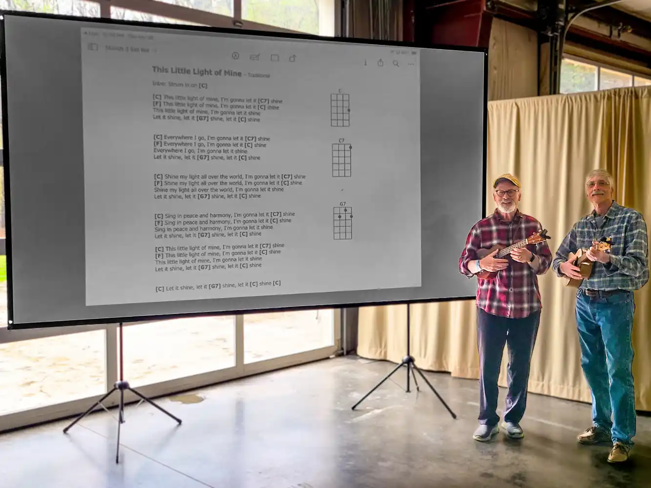 Ukulele jam session with projected chords and lyrics during Uke N Brews at Artisanal Brew Works restaurant in Saratoga Springs