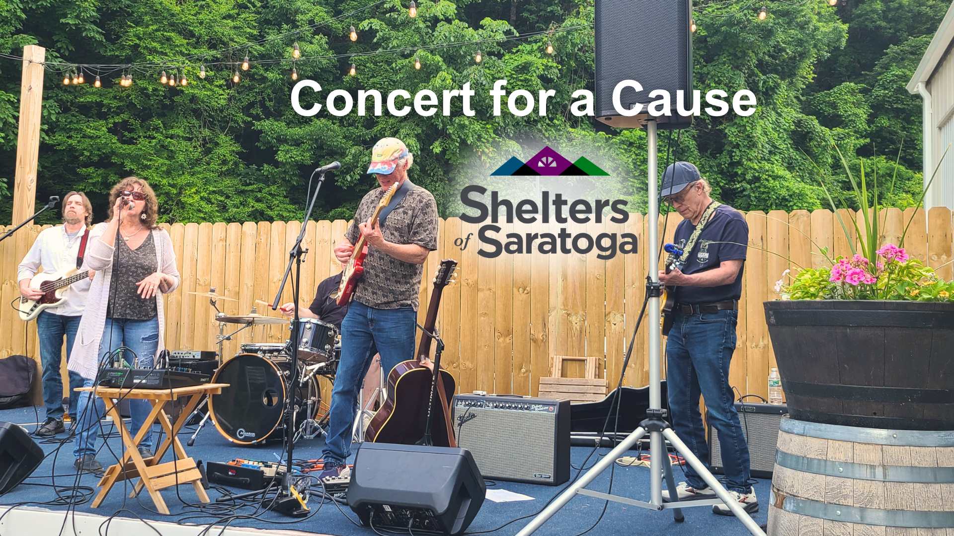 Live music fundraiser in Saratoga Springs at Artisanal Brew Works supporting Shelters of Saratoga with local musicians performing outdoors
