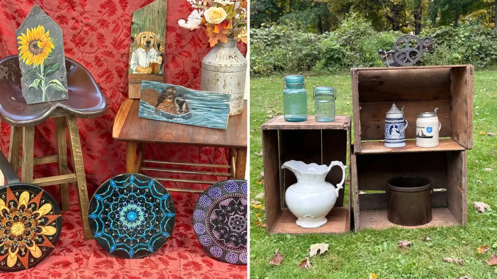 Hand-painted artwork, vintage glass jars, stoneware mugs, and antique finds for the Artisanal Brew Works antiques and artisan fair