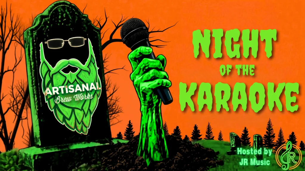 Halloween karaoke event graphic for Night of the Karaoke at Artisanal Brew Works in Saratoga Springs