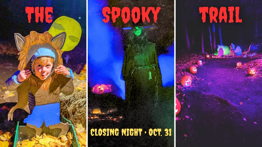 Spooky Trail Closing Night at Artisanal Brew Works with a child in costume and illuminated Halloween trail displays