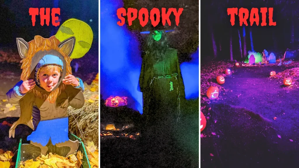 Collage of the Spooky Trail at Artisanal Brew Works with a child in costume, a witch display, and a glowing Halloween trail